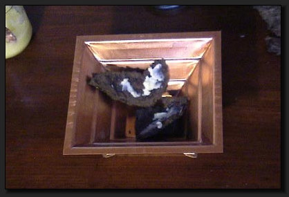 Fr Agnihotra wird eine Kupfer-Pyramide mit bestimmter Form bentigt. Hier sind die ersten Kuhdung-Stcke bereits in der Pyramide.